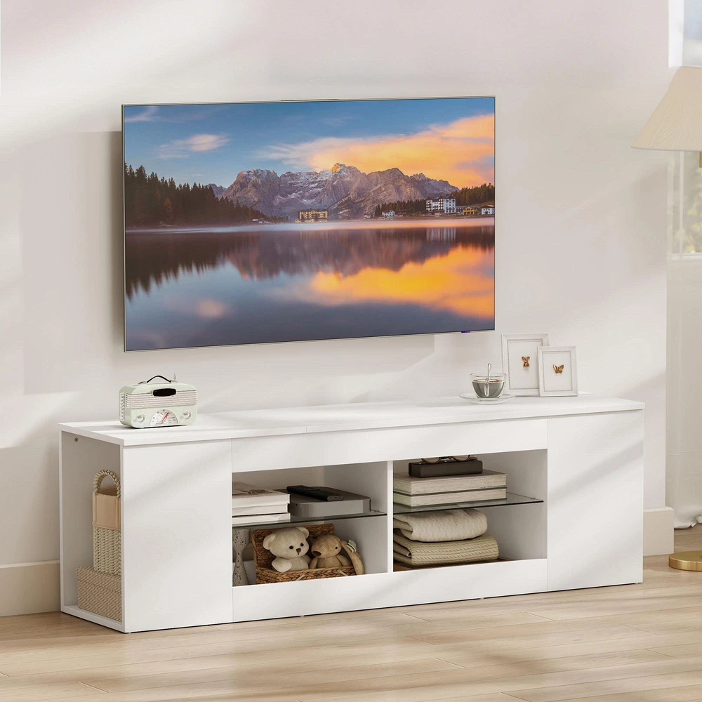 TV staliukas 140 cm TV stovas, televizoriaus komoda, 6 skyriai, 2 stiklinės lentynos, medžio drožlių plokštė, balta