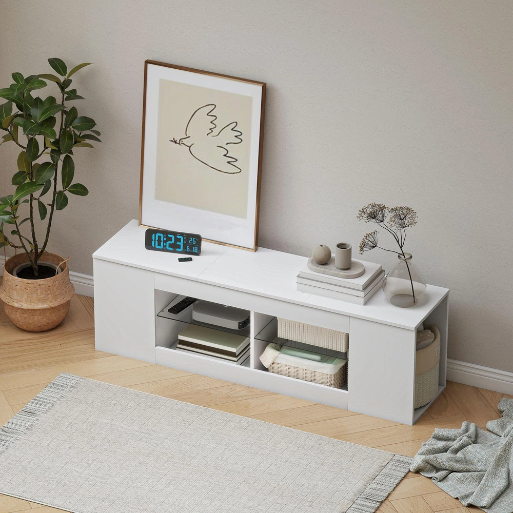TV staliukas 140 cm TV stovas, televizoriaus komoda, 6 skyriai, 2 stiklinės lentynos, medžio drožlių plokštė, balta