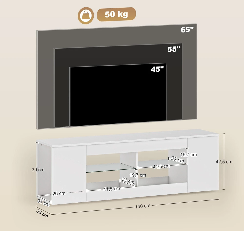 TV staliukas 140 cm TV stovas, televizoriaus komoda, 6 skyriai, 2 stiklinės lentynos, medžio drožlių plokštė, balta