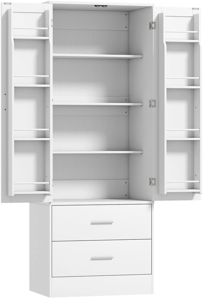 159 cm virtuvinė spintelė, reguliuojamos lentynos, 2 stalčiai, virtuvei, valgomajam, medžio drožlių plokštė, MDF, balta