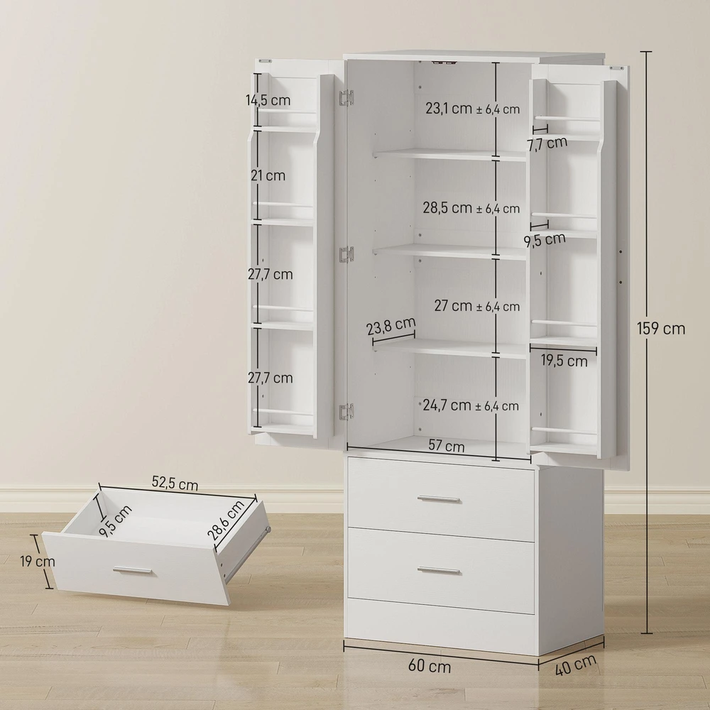 159 cm virtuvinė spintelė, reguliuojamos lentynos, 2 stalčiai, virtuvei, valgomajam, medžio drožlių plokštė, MDF, balta