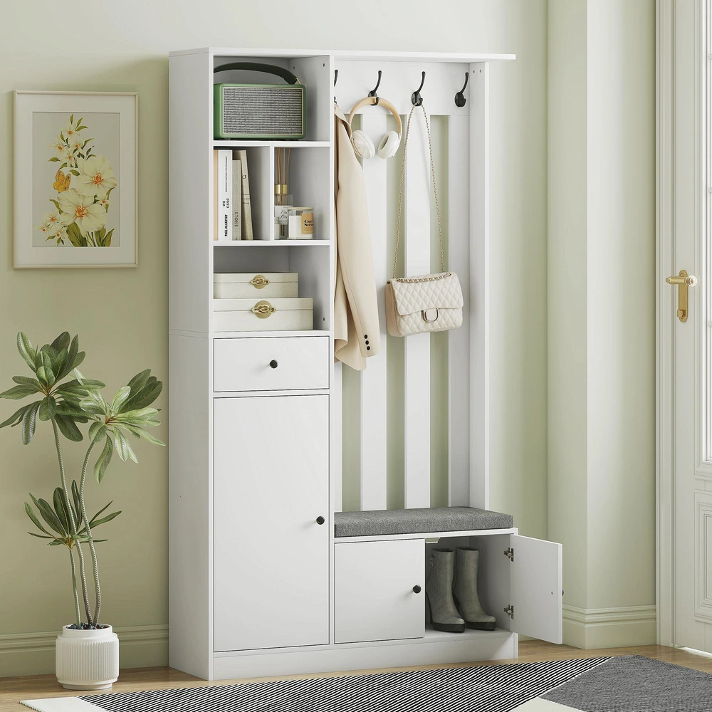 180 cm drabužių spinta su rūbų kabykla, batų suoliuku, 4 kabliukais, atviromis lentynomis, MDF, Balta