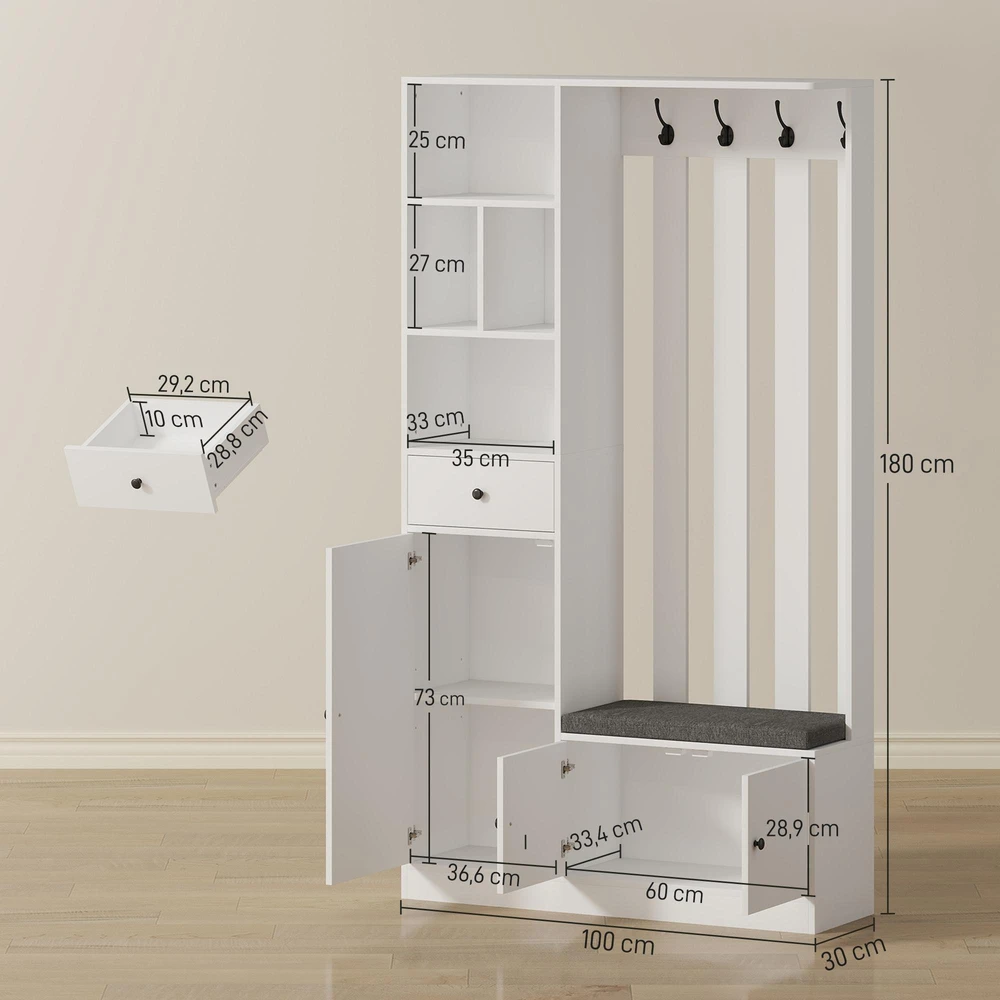 180 cm drabužių spinta su rūbų kabykla, batų suoliuku, 4 kabliukais, atviromis lentynomis, MDF, Balta