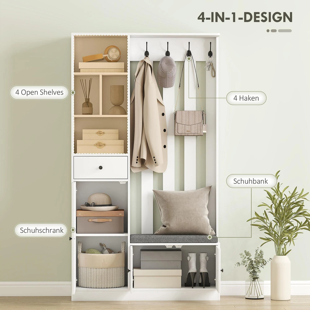 180 cm drabužių spinta su rūbų kabykla, batų suoliuku, 4 kabliukais, atviromis lentynomis, MDF, Balta