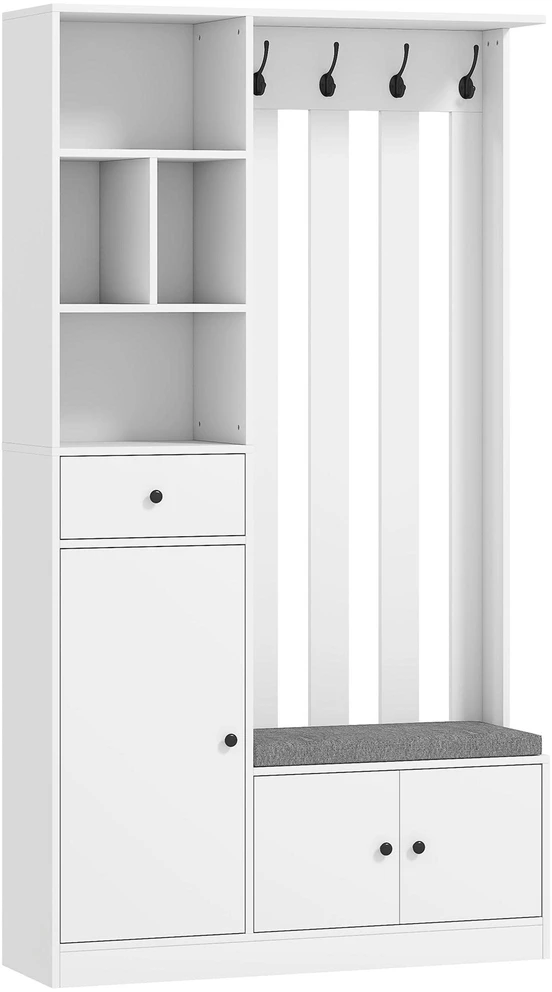180 cm drabužių spinta su rūbų kabykla, batų suoliuku, 4 kabliukais, atviromis lentynomis, MDF, Balta
