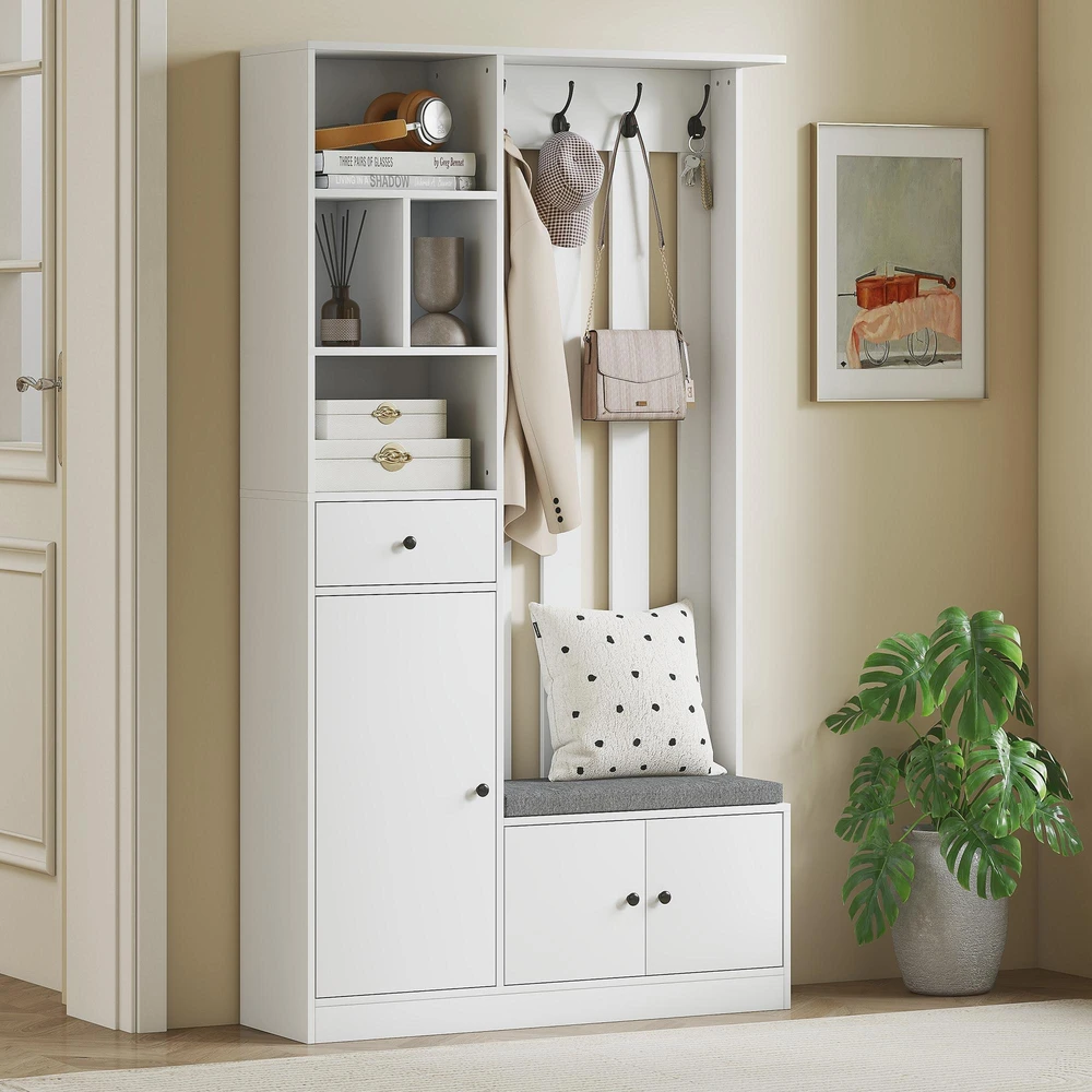 180 cm drabužių spinta su rūbų kabykla, batų suoliuku, 4 kabliukais, atviromis lentynomis, MDF, Balta
