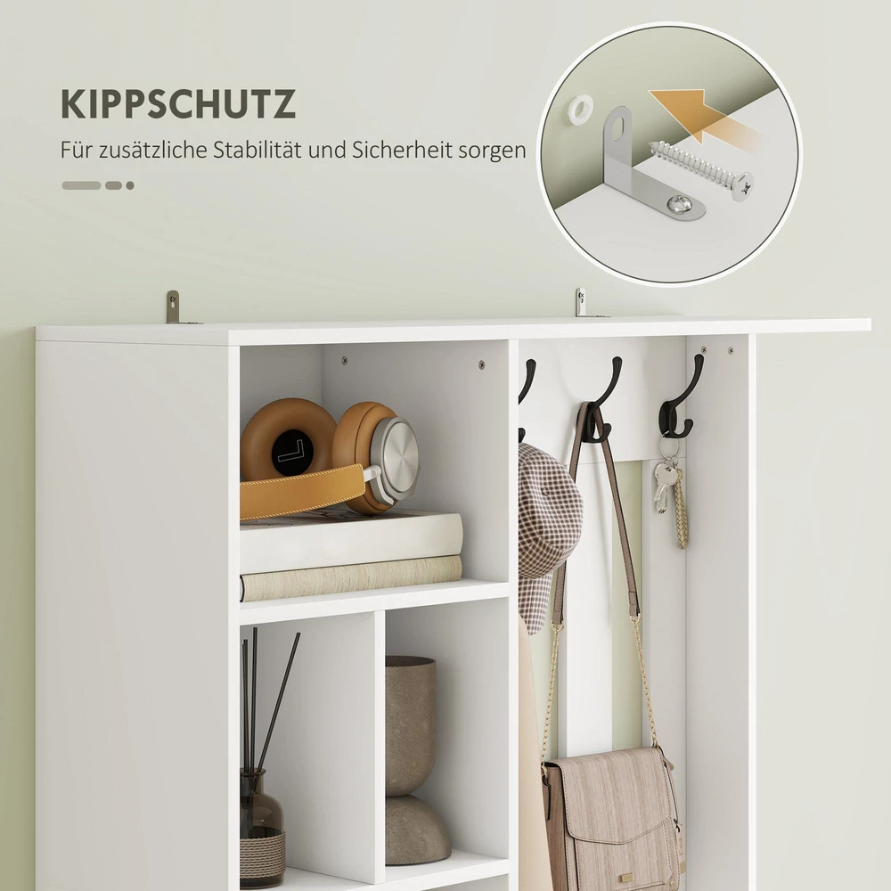 180 cm drabužių spinta su rūbų kabykla, batų suoliuku, 4 kabliukais, atviromis lentynomis, MDF, Balta