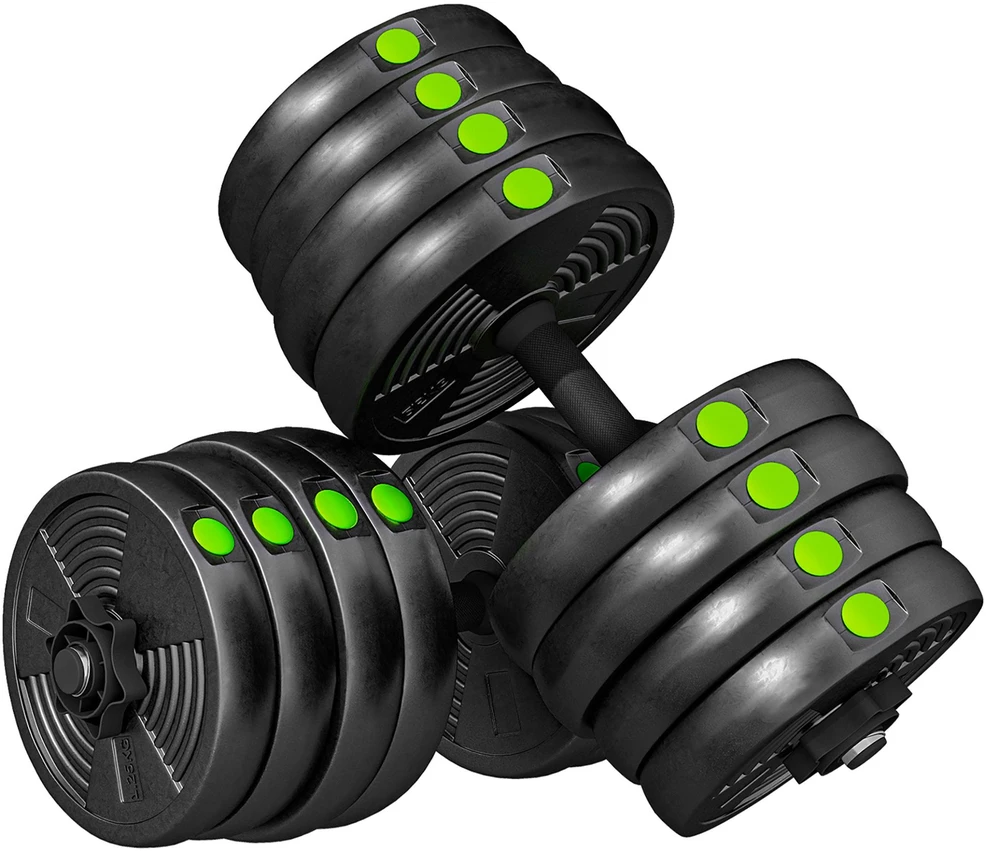 2-in-1 hantelių rinkinys, štanga ir hanteliai, 30 kg, neslystantis, grindis tausojantis, juodas/žalias