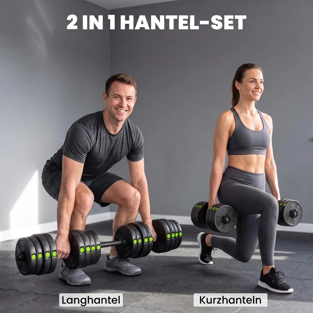 2-in-1 hantelių rinkinys, štanga ir hanteliai, 30 kg, neslystantis, grindis tausojantis, juodas/žalias