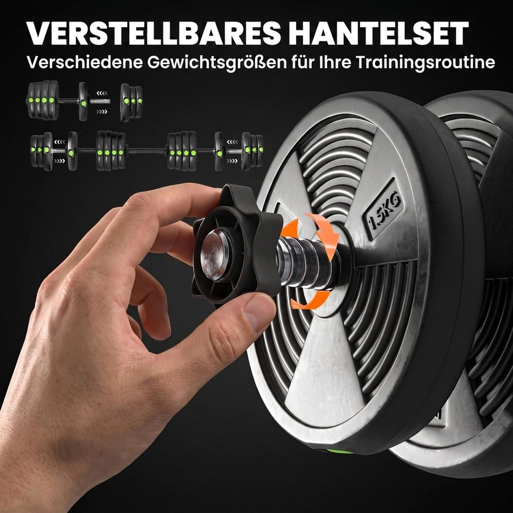 2-in-1 hantelių rinkinys, štanga ir hanteliai, 30 kg, neslystantis, grindis tausojantis, juodas/žalias