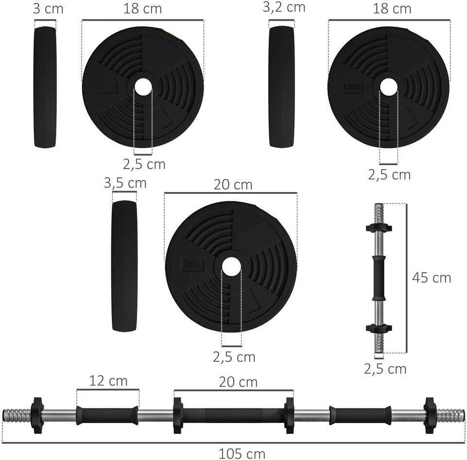 2-in-1 svarmenų rinkinys, štanga ir hanteliai, 20 kg, neslystantys, grindų nedraskantys, juodi/žali