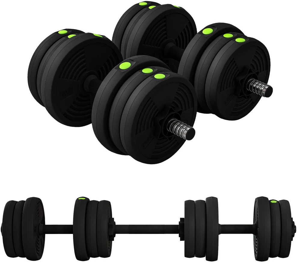 2-in-1 svarmenų rinkinys, štanga ir hanteliai, 20 kg, neslystantys, grindų nedraskantys, juodi/žali