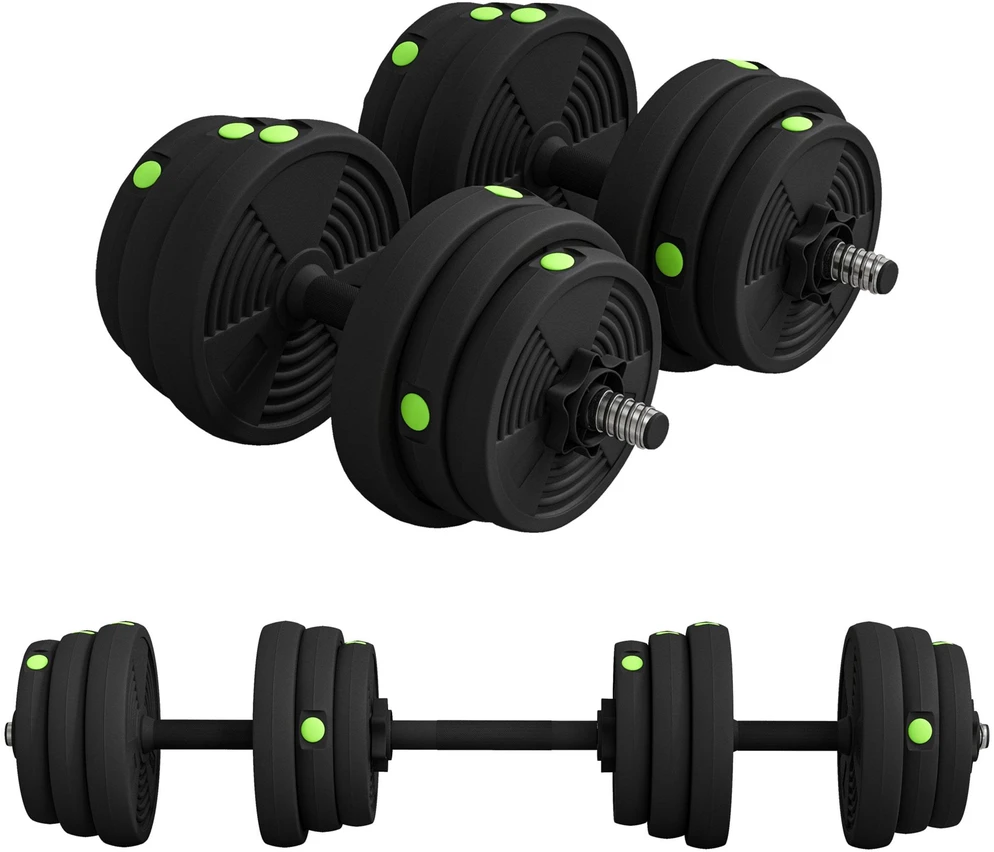 2-in-1 svarmenų rinkinys, štanga ir hanteliai, 25 kg, neslystantys, tausojantys grindis, juodi/žali