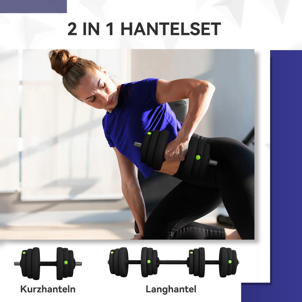 2-in-1 svarmenų rinkinys, štanga ir hanteliai, 25 kg, neslystantys, tausojantys grindis, juodi/žali