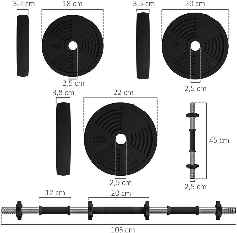 2-in-1 svarmenų rinkinys, štanga ir hanteliai, 25 kg, neslystantys, tausojantys grindis, juodi/žali
