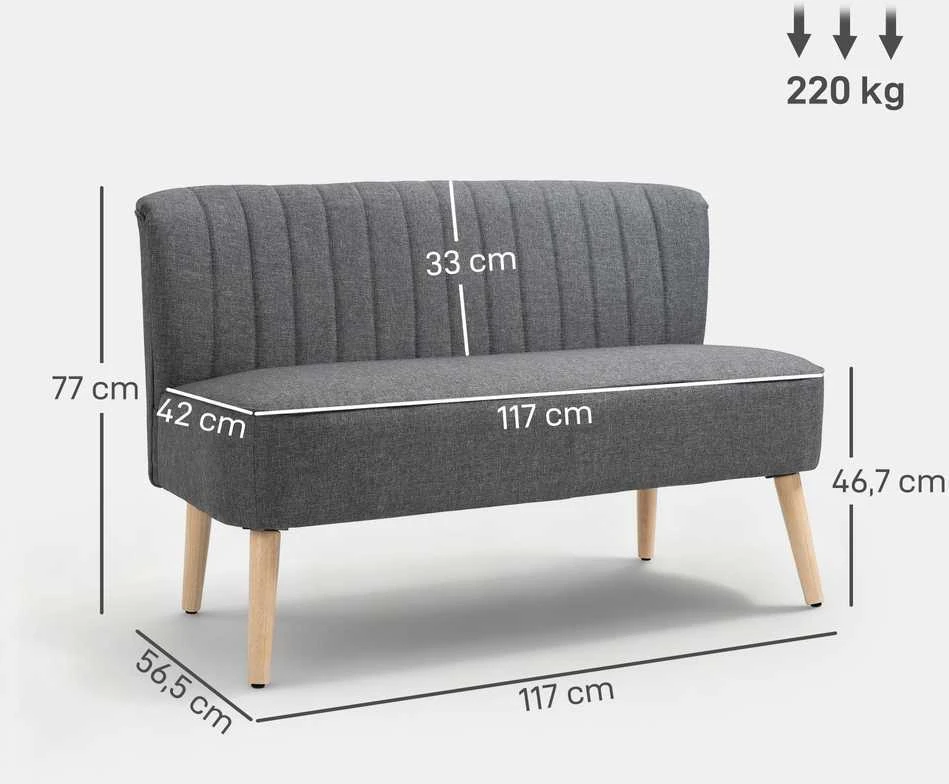 Dvivietė sofa, minkšta sofa lino išvaizdos, medinis rėmas, svetainei ir miegamajam, 117 cm, pilka