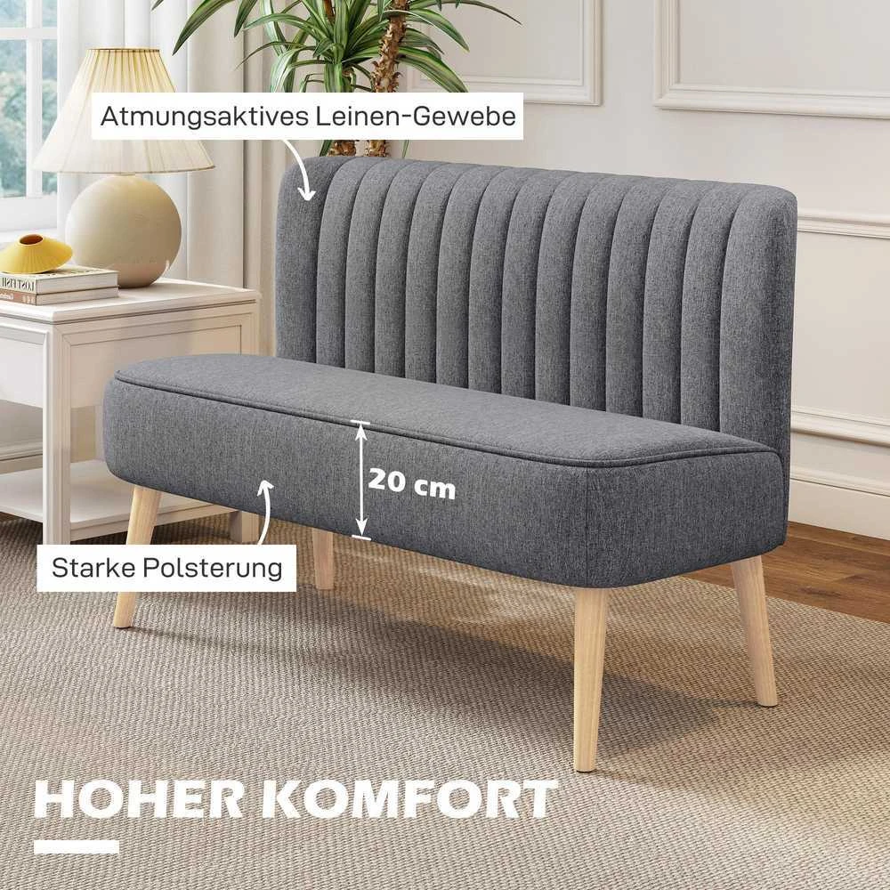 Dvivietė sofa, minkšta sofa lino išvaizdos, medinis rėmas, svetainei ir miegamajam, 117 cm, pilka