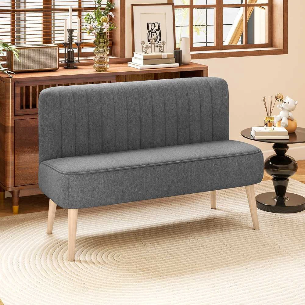 Dvivietė sofa, minkšta sofa lino išvaizdos, medinis rėmas, svetainei ir miegamajam, 117 cm, pilka