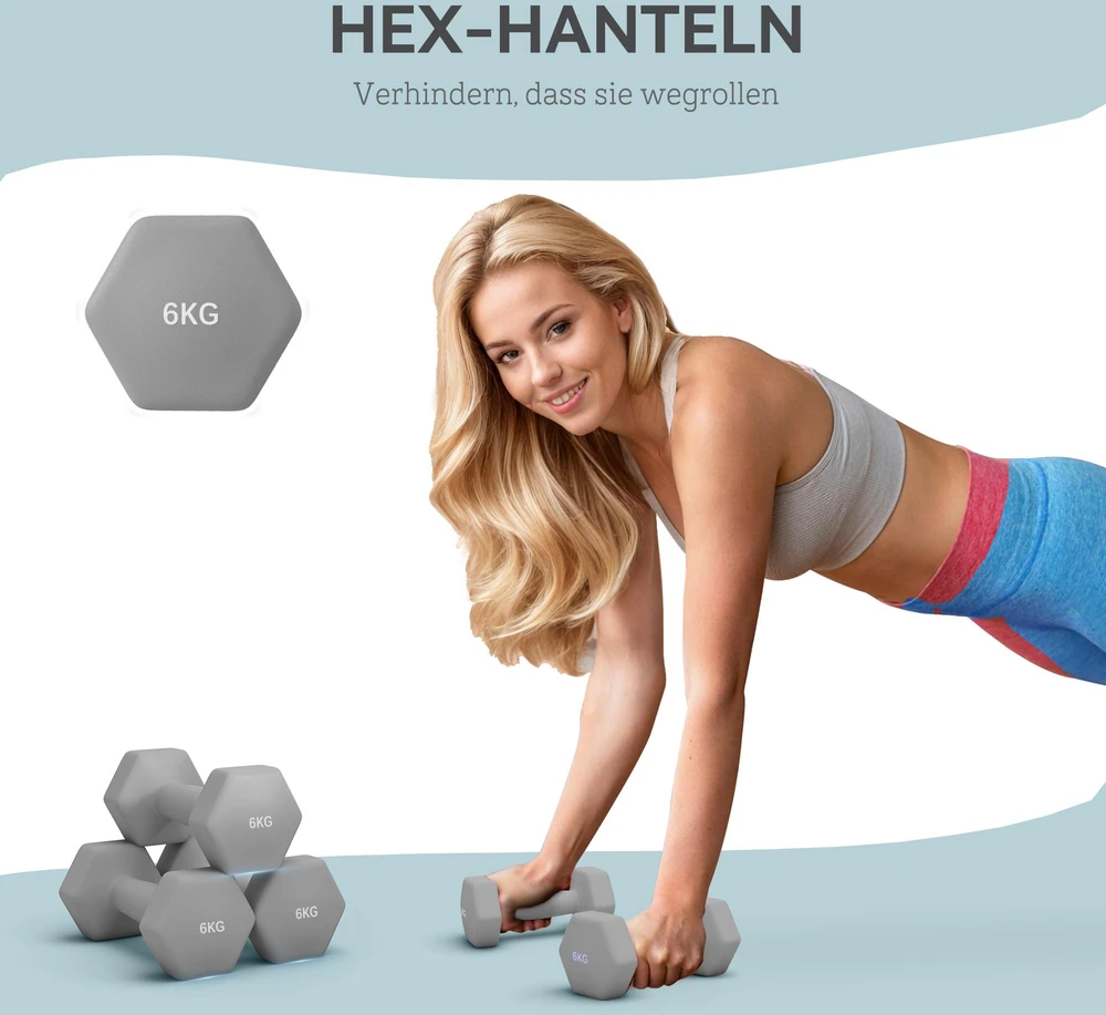 SPORTNOW 2 x 6kg hantelių rinkinys, šešiakampis dizainas, grindims saugus, neslystantis, pilkas