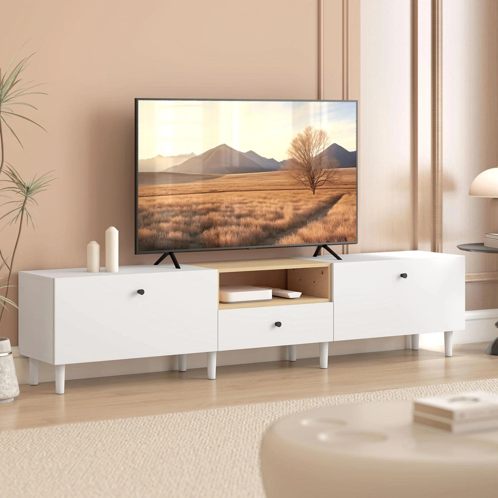 TV staliukas 200 cm TV komoda televizoriams iki 90 colių, 2 atveriami skyriai, atviras skyrius, stalčius, 8 kojelės, medžio drožlių plokštė, balta