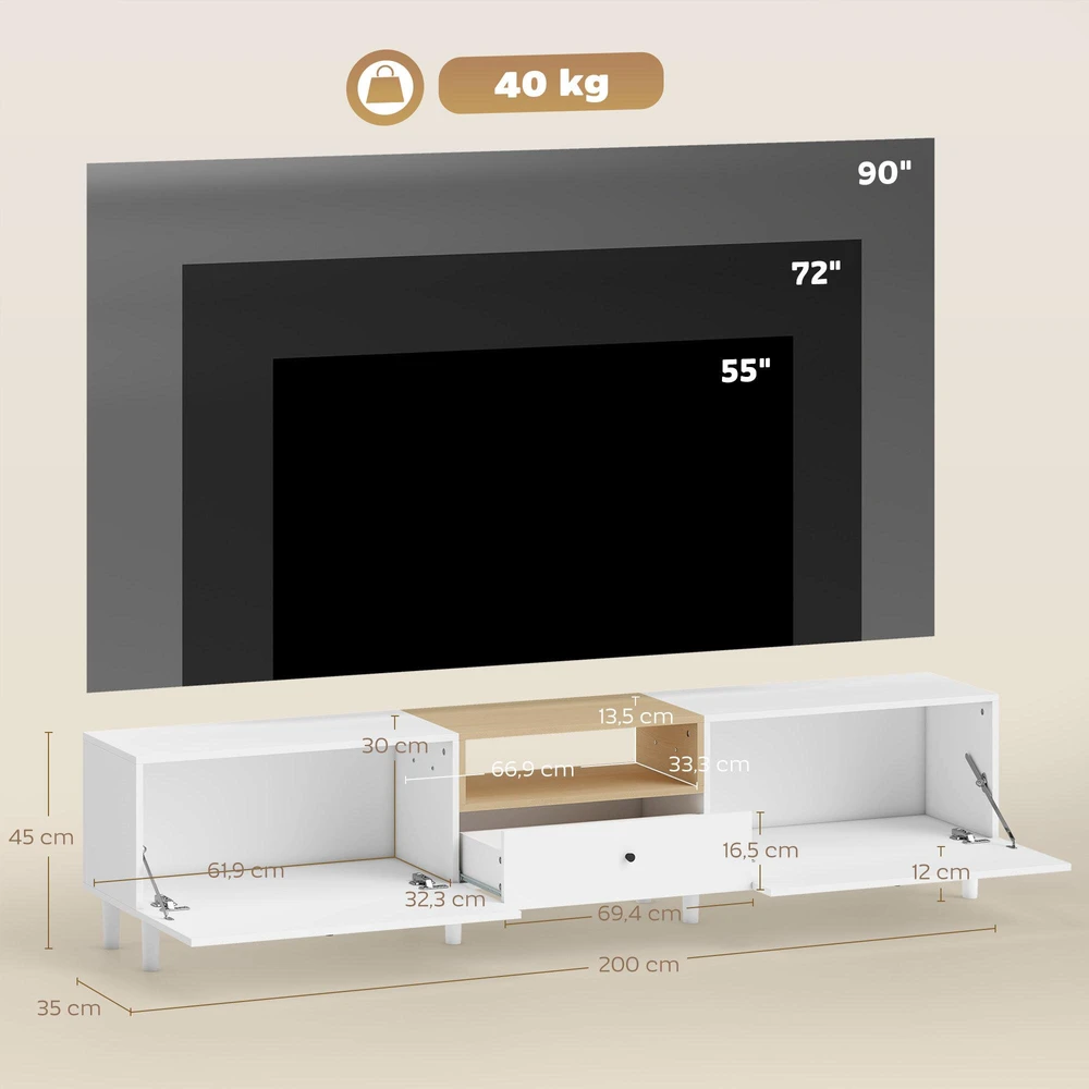 TV staliukas 200 cm TV komoda televizoriams iki 90 colių, 2 atveriami skyriai, atviras skyrius, stalčius, 8 kojelės, medžio drožlių plokštė, balta