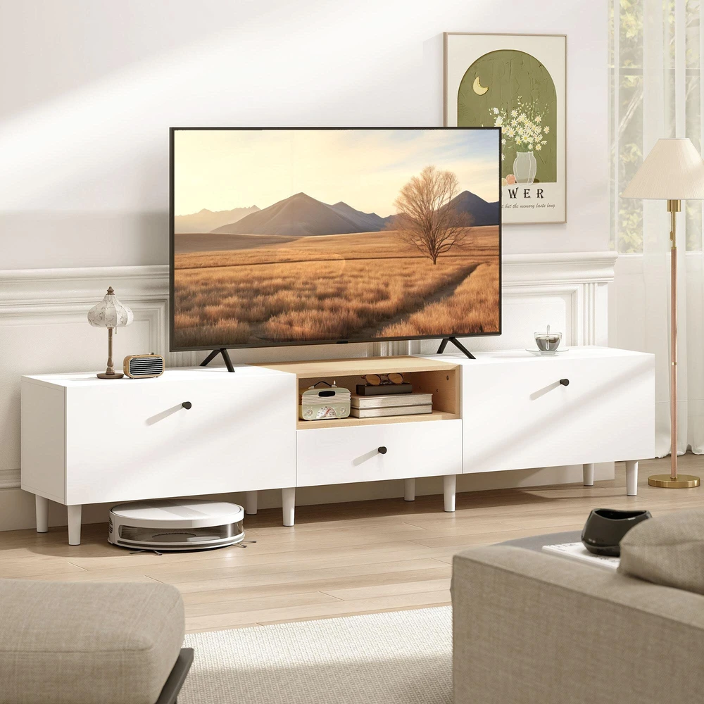 TV staliukas 200 cm TV komoda televizoriams iki 90 colių, 2 atveriami skyriai, atviras skyrius, stalčius, 8 kojelės, medžio drožlių plokštė, balta