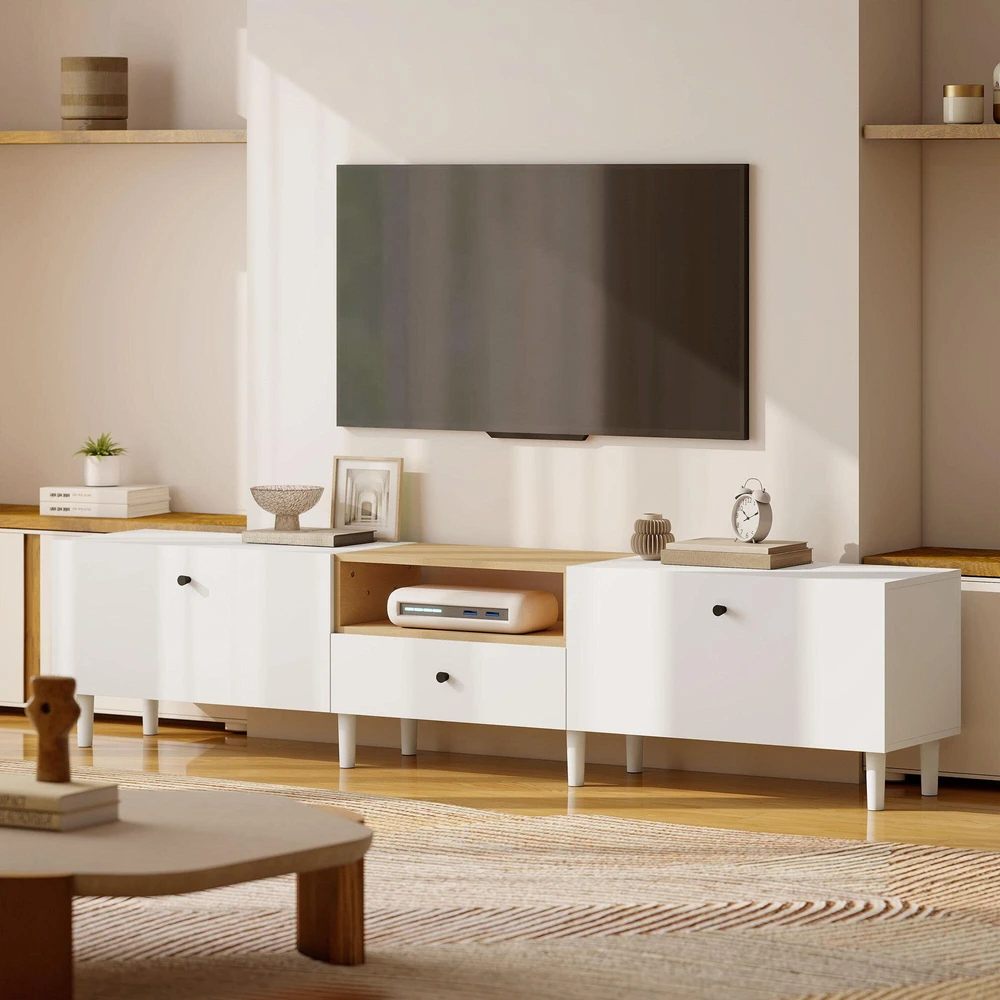 TV staliukas 200 cm TV komoda televizoriams iki 90 colių, 2 atveriami skyriai, atviras skyrius, stalčius, 8 kojelės, medžio drožlių plokštė, balta
