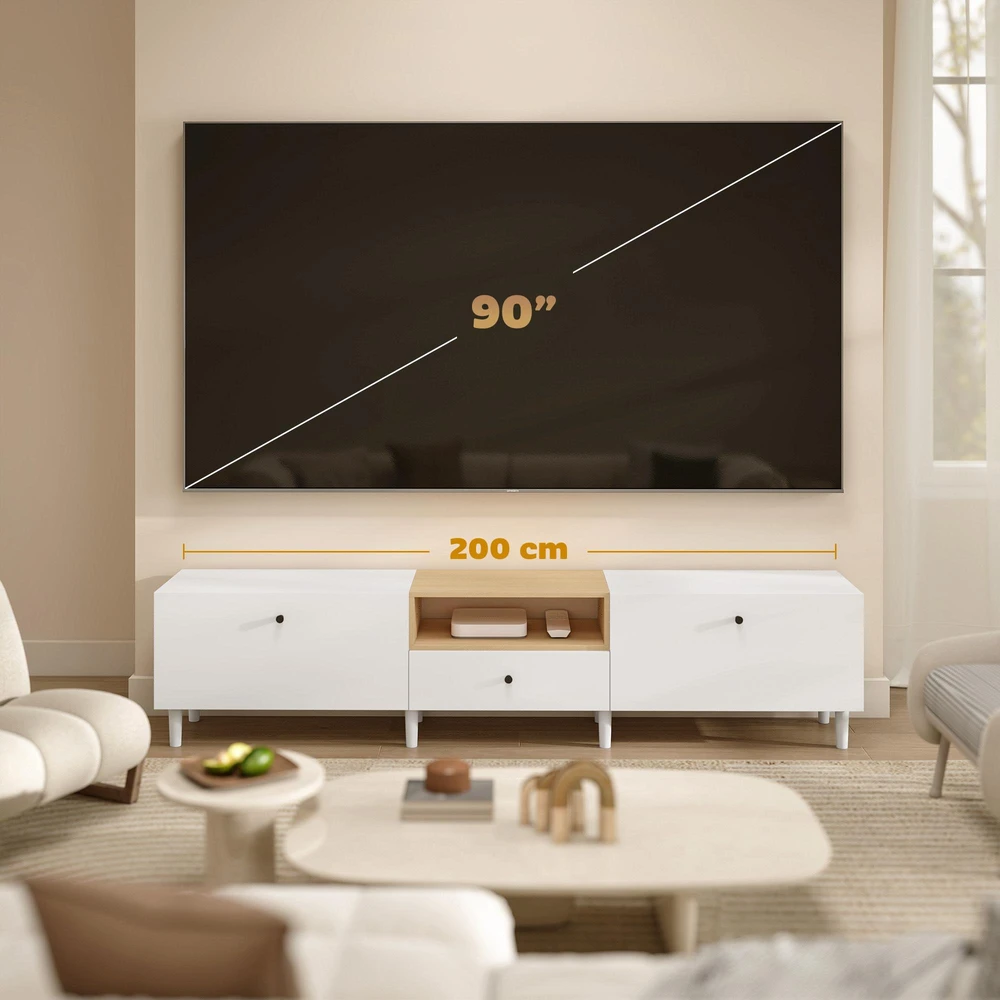 TV staliukas 200 cm TV komoda televizoriams iki 90 colių, 2 atveriami skyriai, atviras skyrius, stalčius, 8 kojelės, medžio drožlių plokštė, balta