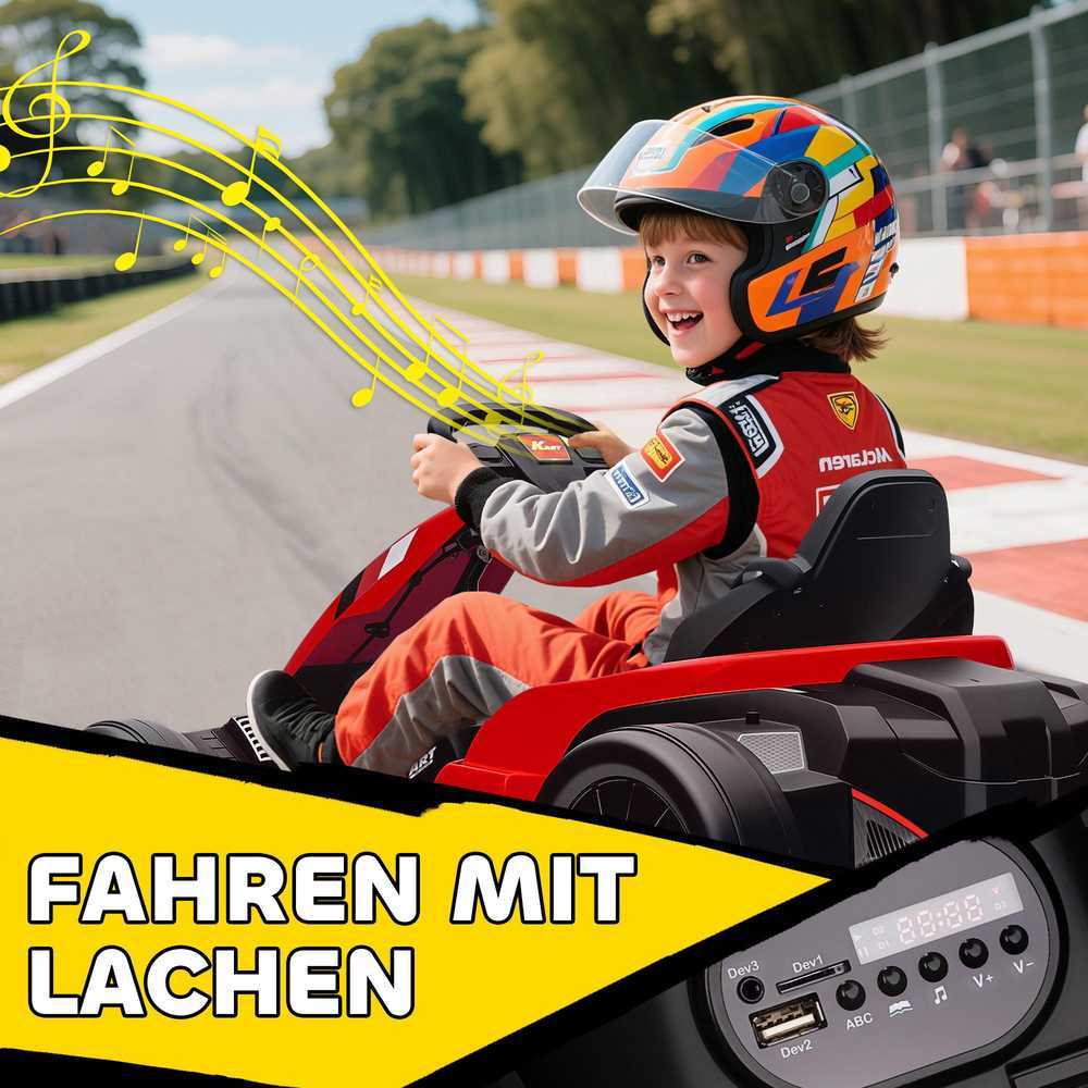 24V Elektrinis kartingas, drifto režimas, reguliuojama sėdynė, 5 taškų saugos diržas, muzikos funkcija, signalas, 6-12 metų, raudonas
