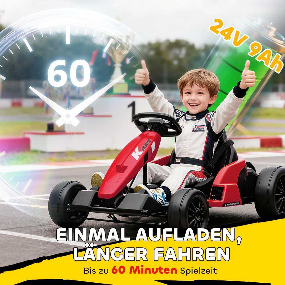 24V Elektrinis kartingas, drifto režimas, reguliuojama sėdynė, 5 taškų saugos diržas, muzikos funkcija, signalas, 6-12 metų, raudonas