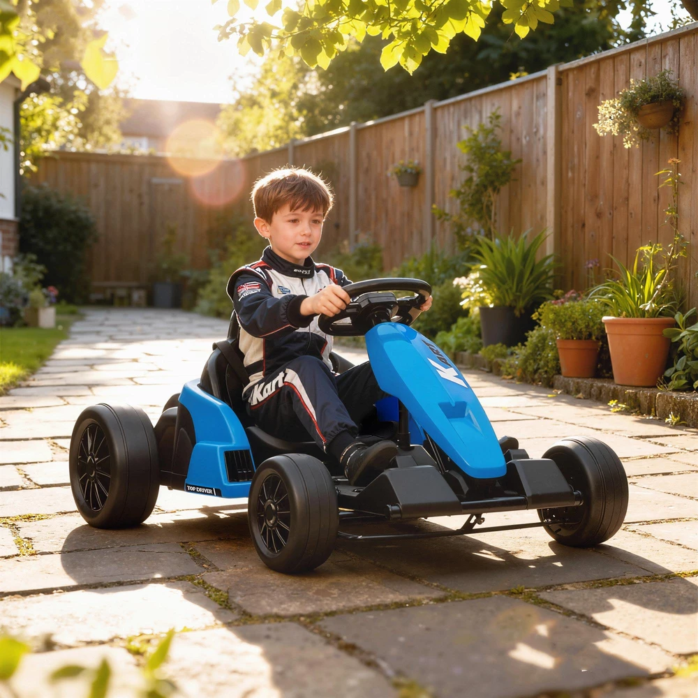 24V elektrinis kartingas, drifto režimas, reguliuojama sėdynė, 5 taškų saugos diržas, muzikos funkcija, garso signalas, 6-12 metų, mėlynas