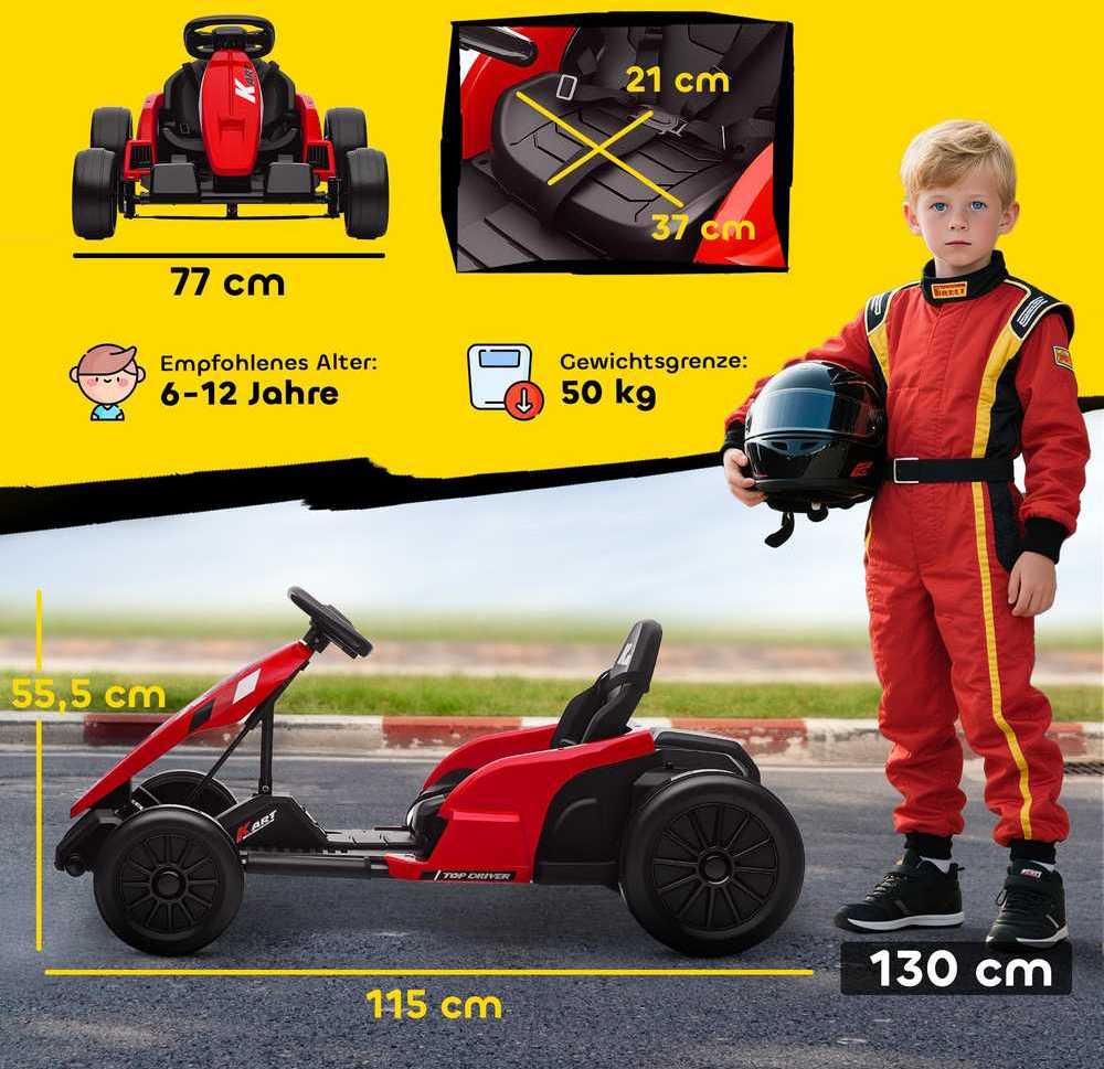 24V Elektrinis kartingas, drifto režimas, reguliuojama sėdynė, 5 taškų saugos diržas, muzikos funkcija, signalas, 6-12 metų, raudonas