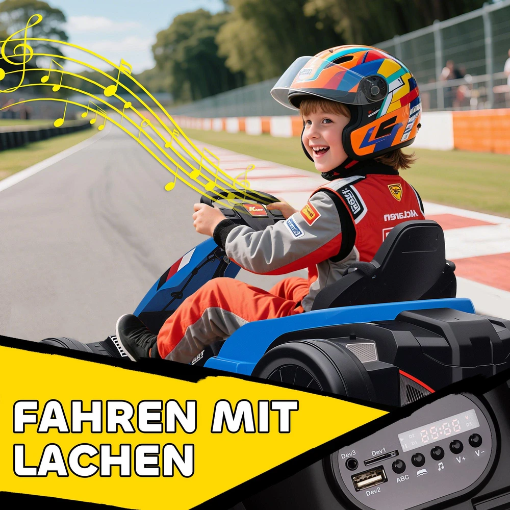24V elektrinis kartingas, drifto režimas, reguliuojama sėdynė, 5 taškų saugos diržas, muzikos funkcija, garso signalas, 6-12 metų, mėlynas