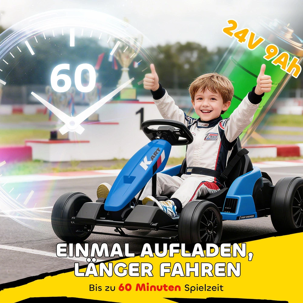 24V elektrinis kartingas, drifto režimas, reguliuojama sėdynė, 5 taškų saugos diržas, muzikos funkcija, garso signalas, 6-12 metų, mėlynas