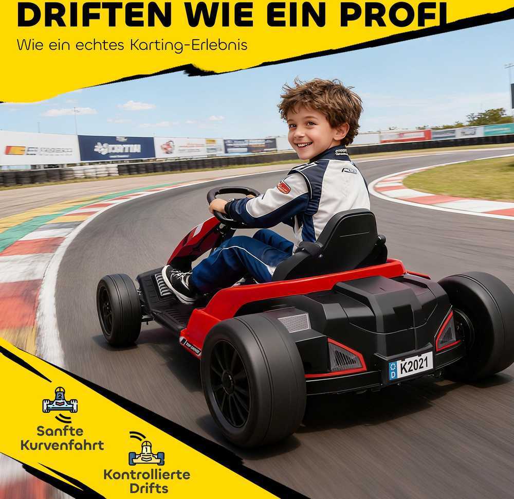 24V Elektrinis kartingas, drifto režimas, reguliuojama sėdynė, 5 taškų saugos diržas, muzikos funkcija, signalas, 6-12 metų, raudonas