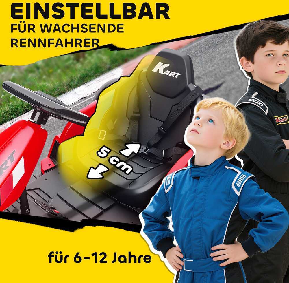 24V Elektrinis kartingas, drifto režimas, reguliuojama sėdynė, 5 taškų saugos diržas, muzikos funkcija, signalas, 6-12 metų, raudonas