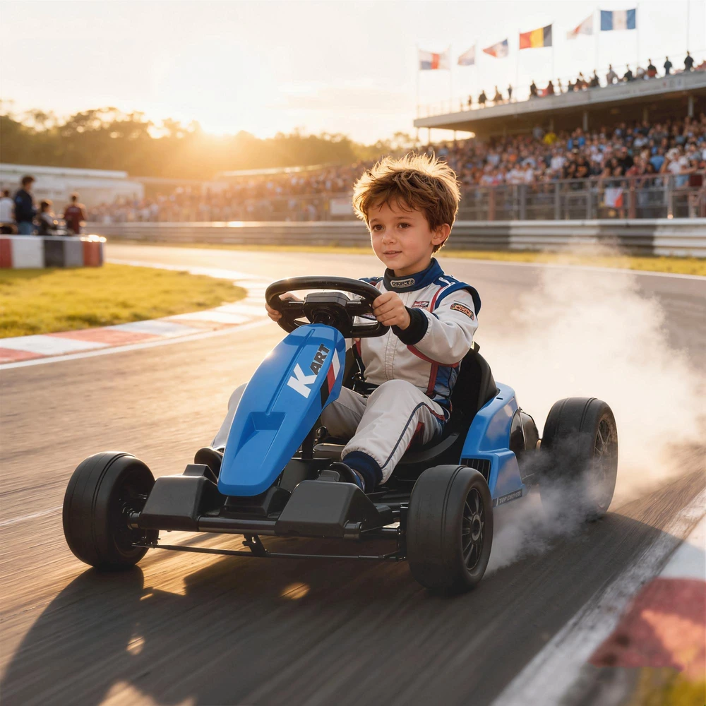 24V elektrinis kartingas, drifto režimas, reguliuojama sėdynė, 5 taškų saugos diržas, muzikos funkcija, garso signalas, 6-12 metų, mėlynas