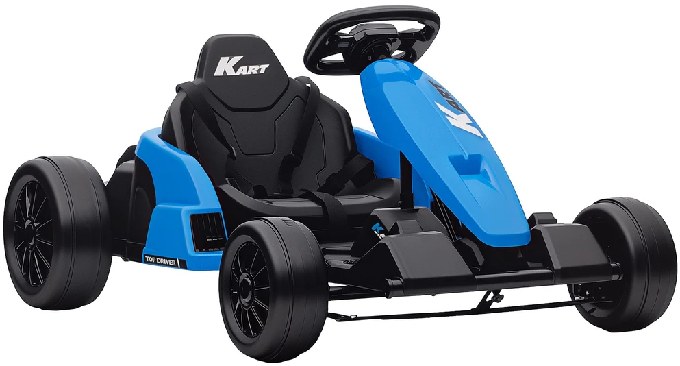 24V elektrinis kartingas, drifto režimas, reguliuojama sėdynė, 5 taškų saugos diržas, muzikos funkcija, garso signalas, 6-12 metų, mėlynas