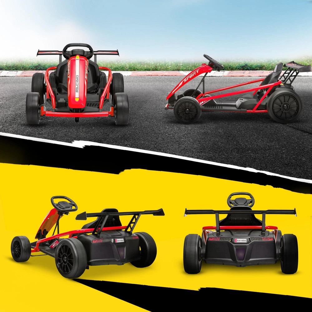 24V elektrinis kartingas važiavimui ir driftui, nailoniniai ratai, saugos diržas, garsinis signalas, muzika, 8–12 metų, raudonas