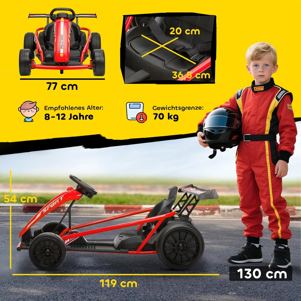 24V elektrinis kartingas važiavimui ir driftui, nailoniniai ratai, saugos diržas, garsinis signalas, muzika, 8–12 metų, raudonas