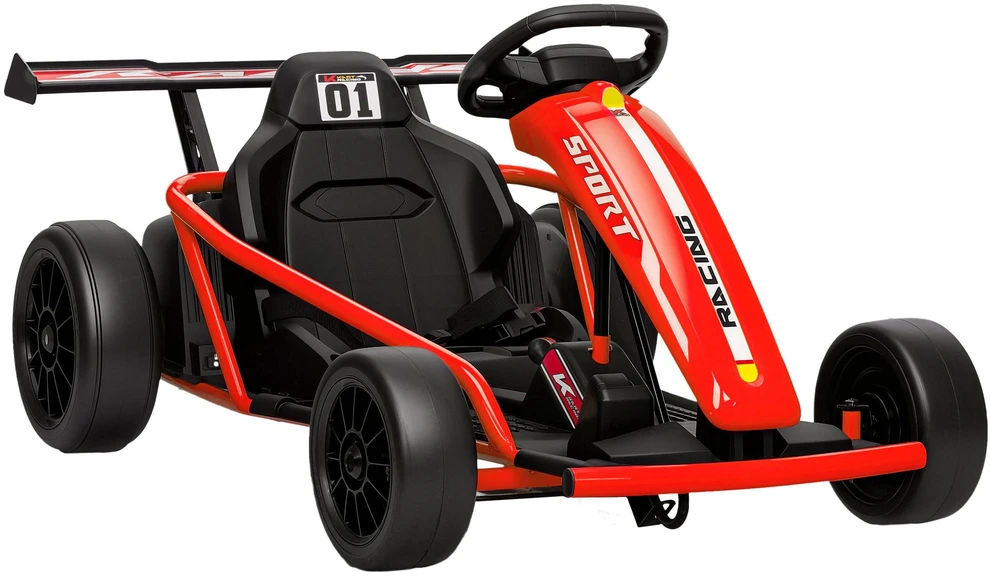 24V elektrinis kartingas važiavimui ir driftui, nailoniniai ratai, saugos diržas, garsinis signalas, muzika, 8–12 metų, raudonas