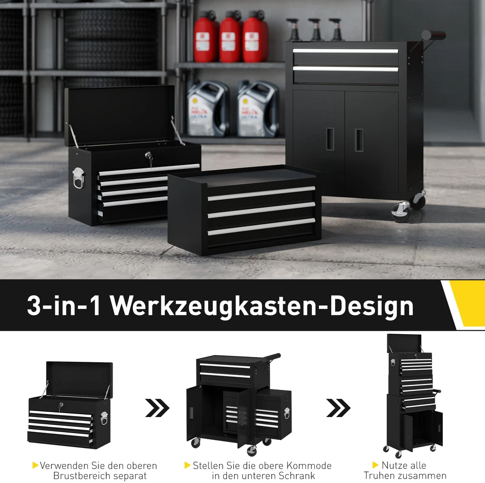 „3-in-1“ įrankių dėžė, įrankių spintelė su 4 ratukais, rakinama įrankių dėžė su 9 stalčiais, plieninė, juoda