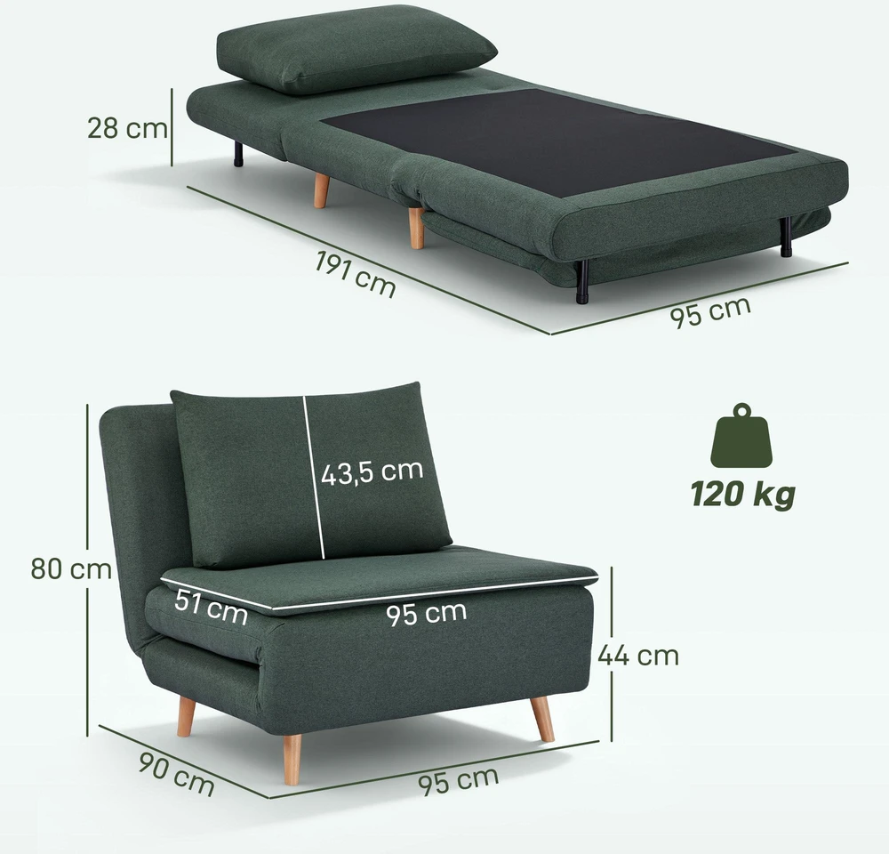 3-in-1 išskleidžiamas fotelis-lova, reguliuojamas atlošas, buko medienos kojelės, pagalvė, tamsiai žalia