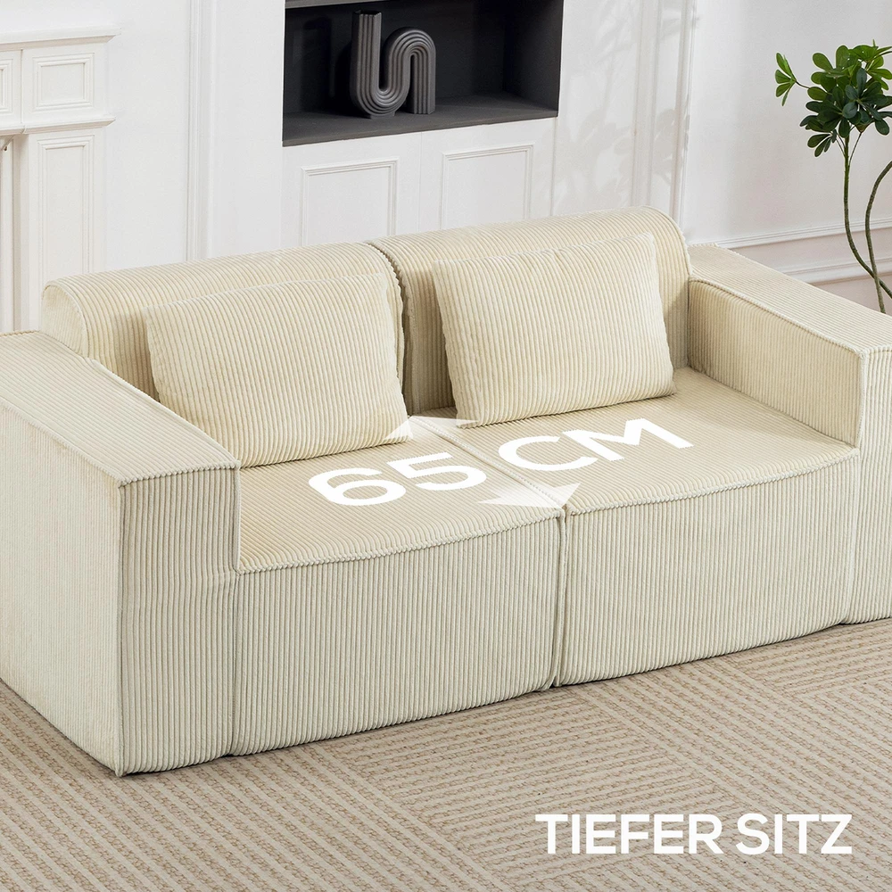 Fotelis Trivietė sofa, minkšta porolono konstrukcija, platūs porankiai, 2 pagalvės, velvetinis audinys, smėlio spalvos
