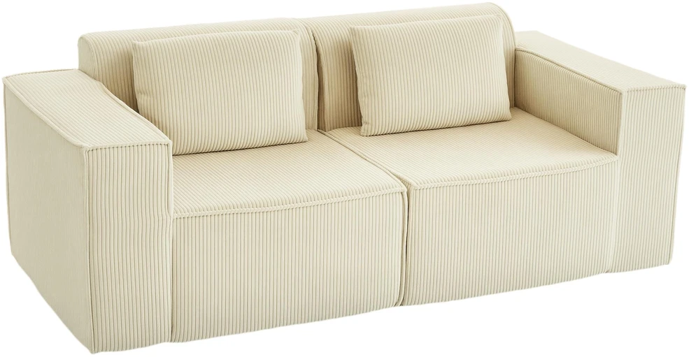 Fotelis Trivietė sofa, minkšta porolono konstrukcija, platūs porankiai, 2 pagalvės, velvetinis audinys, smėlio spalvos