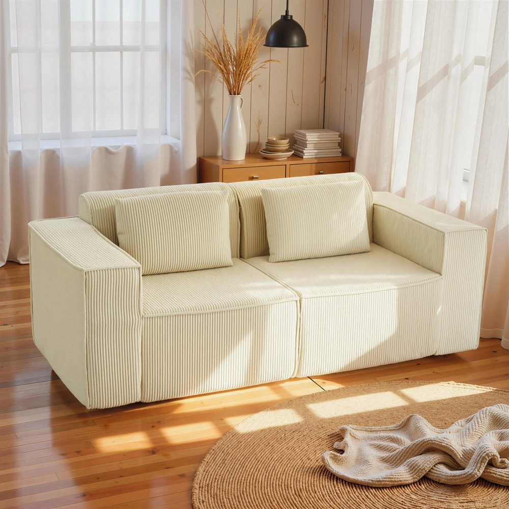 Fotelis Trivietė sofa, minkšta porolono konstrukcija, platūs porankiai, 2 pagalvės, velvetinis audinys, smėlio spalvos