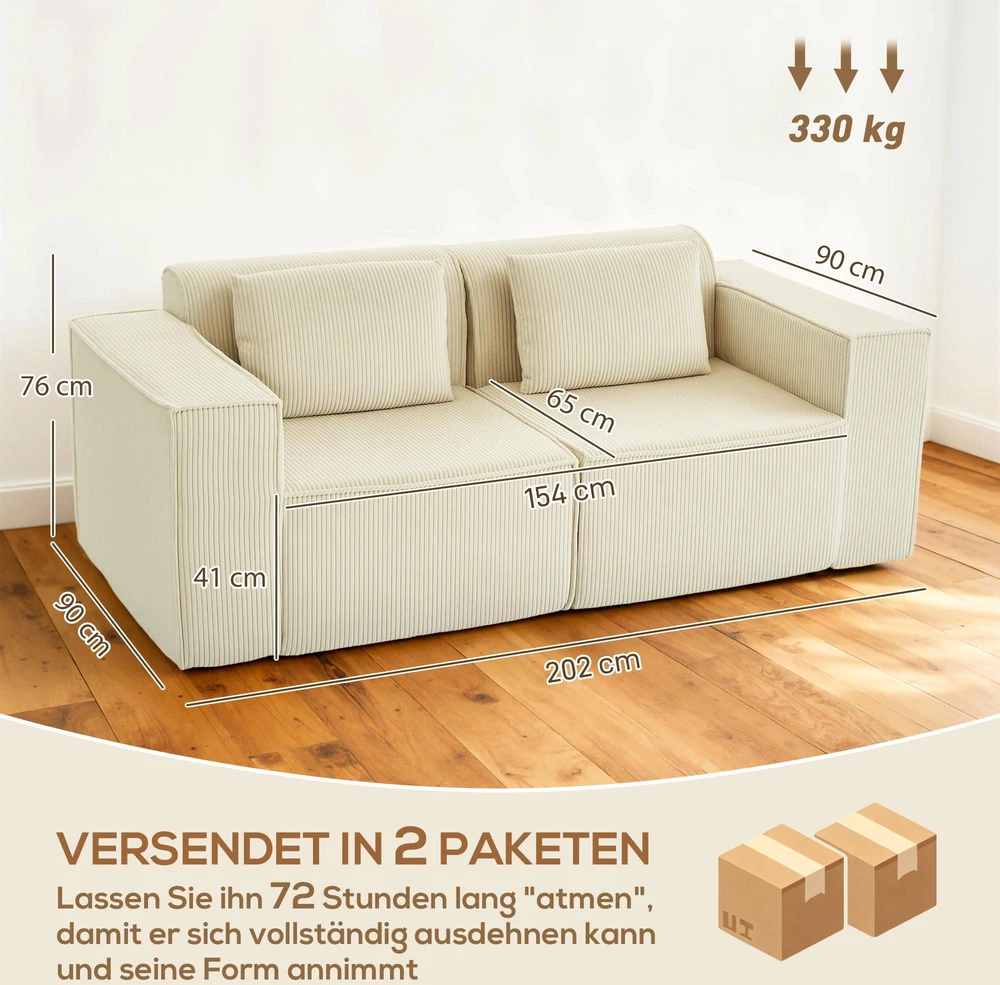 Fotelis Trivietė sofa, minkšta porolono konstrukcija, platūs porankiai, 2 pagalvės, velvetinis audinys, smėlio spalvos