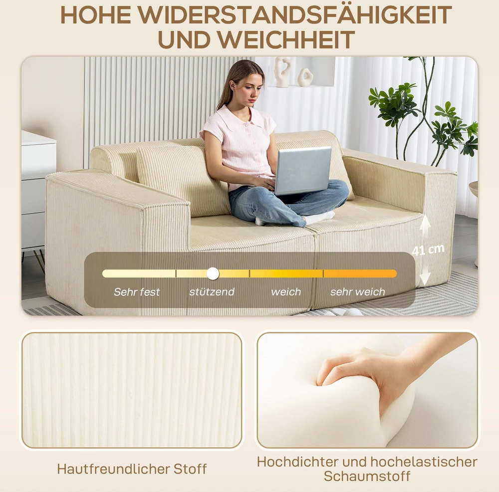 Fotelis Trivietė sofa, minkšta porolono konstrukcija, platūs porankiai, 2 pagalvės, velvetinis audinys, smėlio spalvos