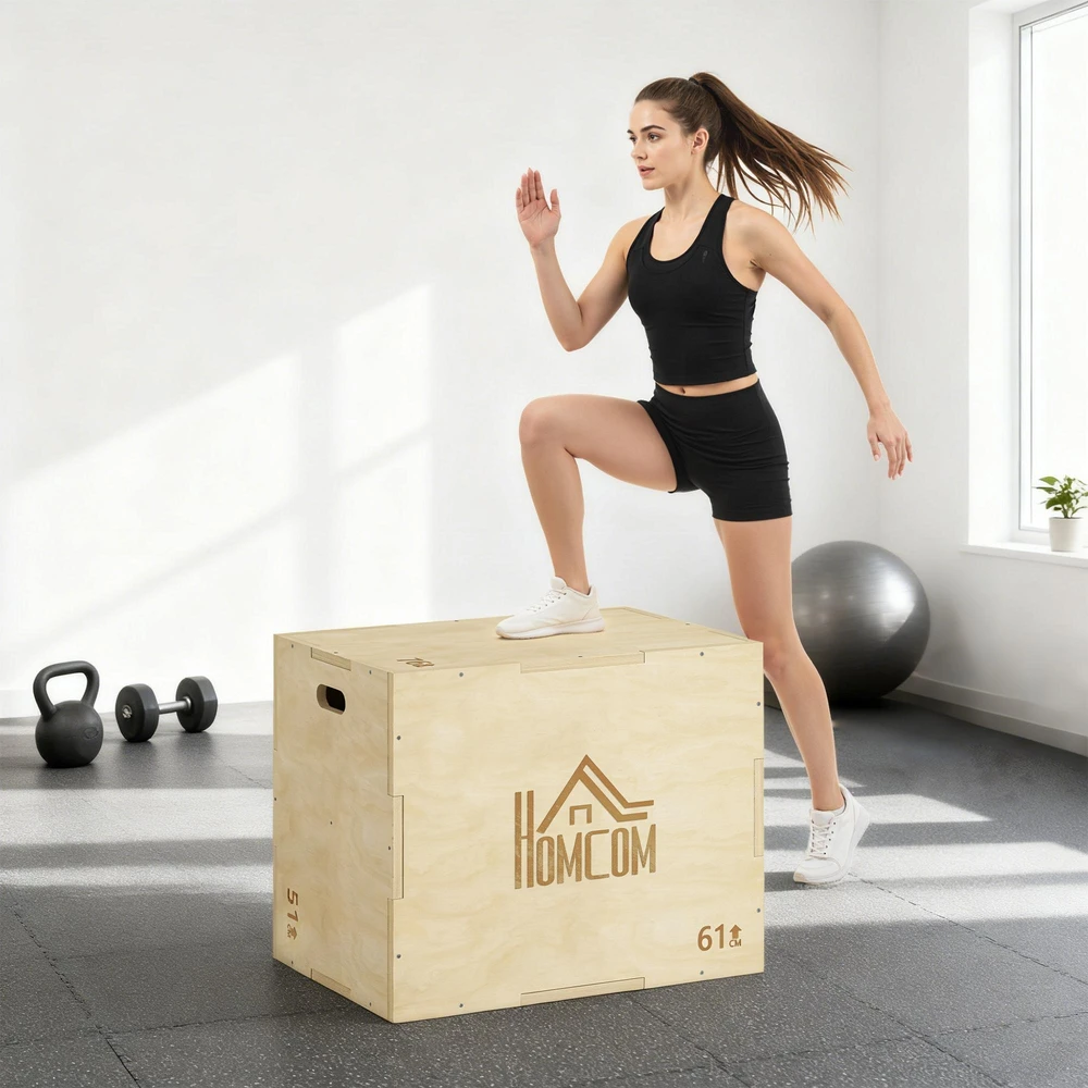 3-in-1 Plyo Box medinė plyometrinė dėžė su 3 šuolių aukščiais ir rankenomis 61 x 51 x 76 cm natūralaus medžio