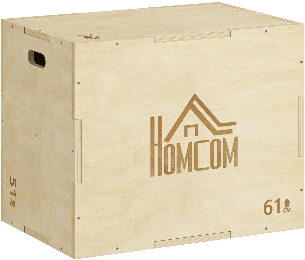 3-in-1 Plyo Box medinė plyometrinė dėžė su 3 šuolių aukščiais ir rankenomis 61 x 51 x 76 cm natūralaus medžio